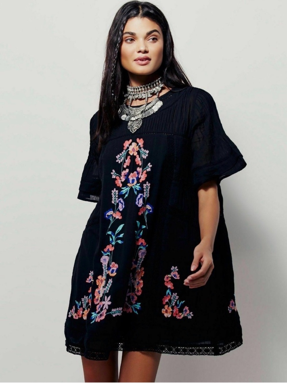 Free People Perfectly Victorian Black Embroidered Mini Dress Size Small Boho - Picture 2 of 13